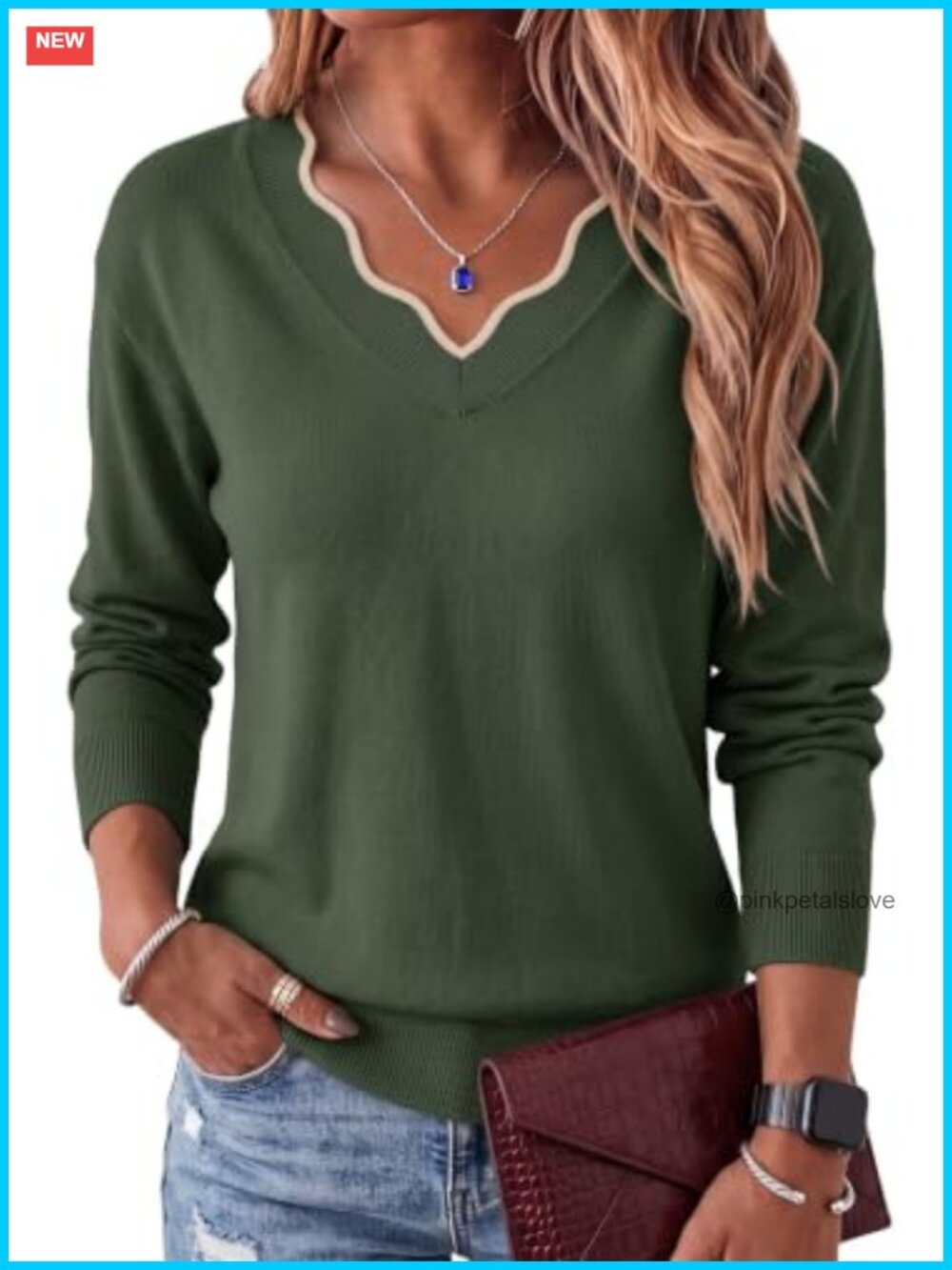 Women's V-Neck Long Sleeve Pullover Sweater Ribbed Scallop Trim Knit Top